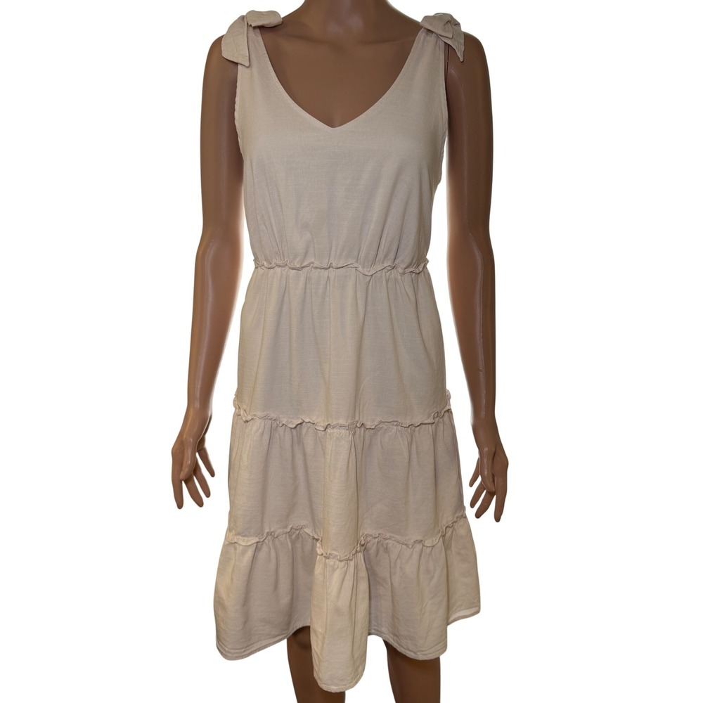 Zesica Women Beige Viscose Tiered Mini Dress‎ Tie Shoulder V-Neck Size M Cream